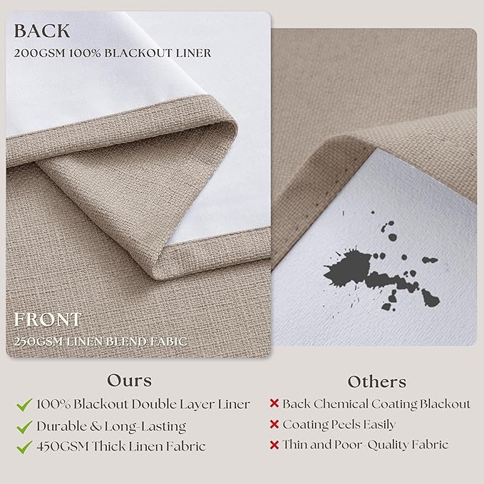 70 Inch Extra Wide Blackout Curtain 90 Inches Long for Living Room Pinch Pleated Thick Linen Thermal Insulated Drapes Back Tab Burlywood Birch 100% Black Out Curtain for Bedroom Large Window 1 Panel