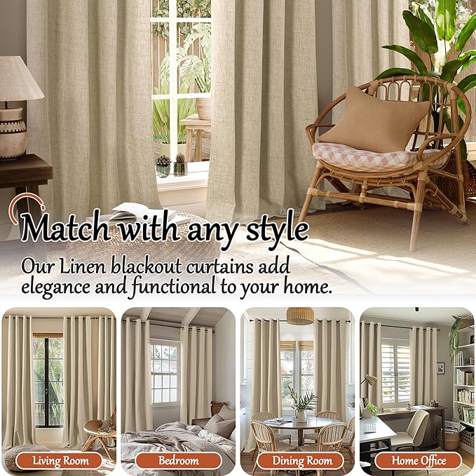 60 Inch Wide Linen Blackout Curtains for Living Room/Bedroom 84 Inch Length 2 Panels, Total Black Out Thermal Insulated Soundproof Grommet Boho Window Drapes White Liner for Modern Farmhouse, Burlap