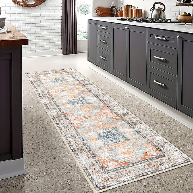 Runner Rug 2'x8' Vintage Washable Non-Slip Runners for Hallways Kitchen Entryway Laundry Room Floral Carpet Hallway Runner Orange