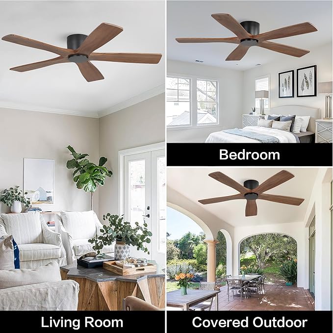 WINGBO 48" Flush Mount DC Ceiling Fans without Lights, 5 Carved Solid Wood Blades, 6-Speed Reversible DC Motor, Low Profile Hugger Ceiling Fan No Lights for Living Room Bedroom Patio, Black and Walnut