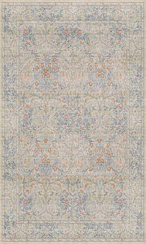 3x5 Washable Area Rug for Bedroom Beside Bed Mat, Large Kitchen, Entryway Rug Indoor - Ultra Soft Vintage Floral Beige Blue Decor Non-Slip Low Pile Stain Resistance