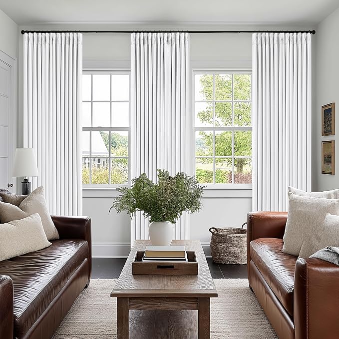 Pure White 96 Inch Blackout Pinch Pleated Curtains 2 Panel Set for Living Room Darkening Thick Linen Textured 100% Black Out Drapes 96 Inches Long Pinch Pleat Light Blocking Bedroom Soft Snow White