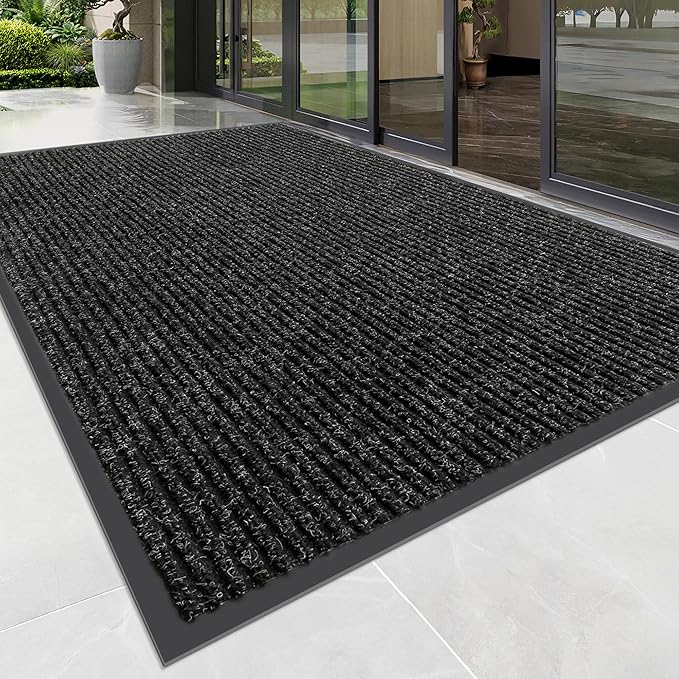 Front Door Mat, Heavy Duty Indoor Outdoor Doormat for Entryway, 48" x 36" Low Profile Outdoor Mats for Home Entrance, Stain and Fade Resistant Welcome Mat for High Traffic Area, Black