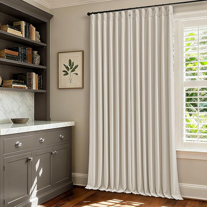 Pinch Pleated Blackout 102 Inch Curtains 70 Inch Wide Linen Dual Layer Soundproof Farmhouse Bedroom Window Curtains for Living Room Cream Natural Hooks Rings Back Tab 100% Black Out Drapes 1 Panel