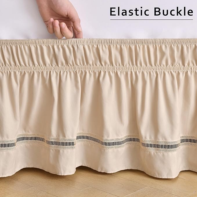 MIYE Wrap Around Ruffled Lace Bed Skirt, Elastic Dust Ruffle with Adjustable Belts, Easy to Put On, Bed Frame Cover, Machine Washable (Ruffled Lace/Beige, King/Queen-18 Drop)