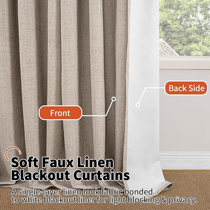 Short Linen Blackout Curtains 45 Inch Length 2 Panels, Thermal Insulated Total Light Blocking Window Curtains for Farmhouse Bedroom Basement, Bronze Grommet, Beige, Each 52" Wide