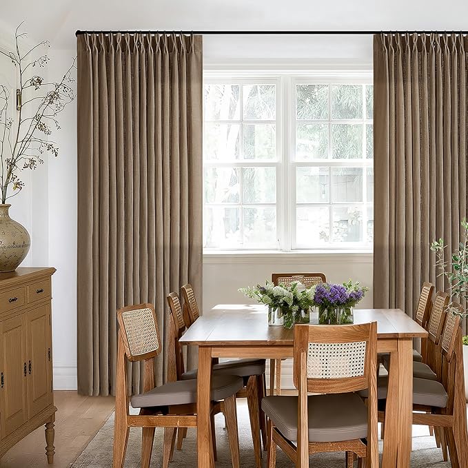 Brown Pleated Linen Curtains 96 Inches Long for Living Room 2 Panel Set Semi Sheer Light Filtering Pinch Pleat with Rings Hooks Drapes Boho Rustic Farmhouse Dutch Cocoa Curtain Bedroom Window