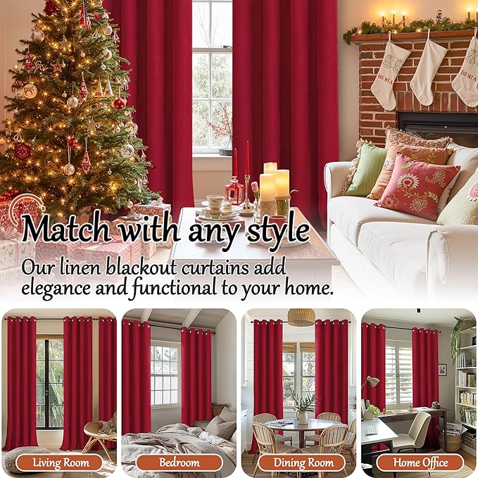 Linen Blackout Curtains for Christmas 72 Inch Long, 100% Black Out Red Thermal Curtains for Bedroom Winter Decor, Thick Heavy Insulated Window Drapery for Nursery, Each 52x72 Inch 2 Panels