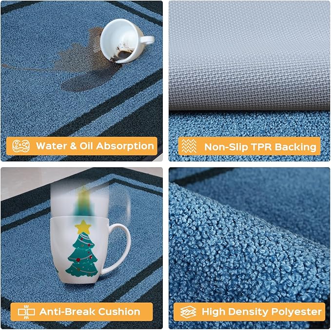 Kitchen Rugs 24" x 36", Non-Slip Machine Washable Kitchen Runner Rugs Floor Mats, Absorbent Comfort Standing Mats for Kitchen, Sink, Laundry and Hallway, Light Blue & Navy