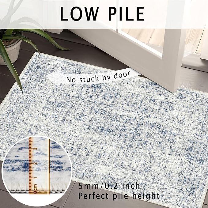 vivorug 9x12 Area Rugs for Living Room, Non Slip Machine Washable Vintage Rug, Ultra-Thin Lightweight Large Area Rug for Bedroom, Dining Room, Low Pile Blue