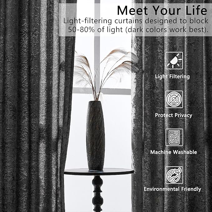 SMILETIME Grey Crushed Velvet Curtains 52x108inch Rod Pocket Luxurious Thermal Insulated Soundproof Drapes Soft and Durable Light-Filtering Window Treatments for Living Room Bedroom, 2 Panels