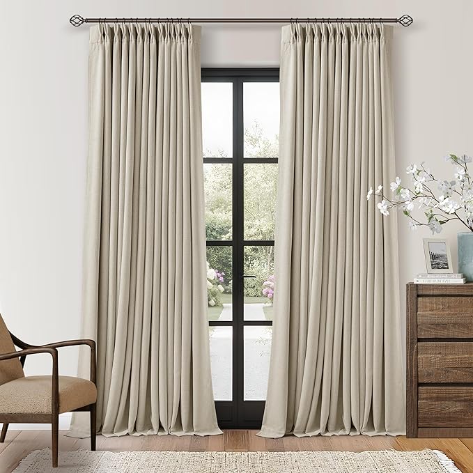 108 Inch Pinch Pleat Blackout Curtains 108 Inches Long for Bedroom Neutral Farmhouse 100% Black Out Room Darkening Burlap Thick Linen Double Layer Pleated Curtain 2 Panels Set Oatmeal Beige Sand