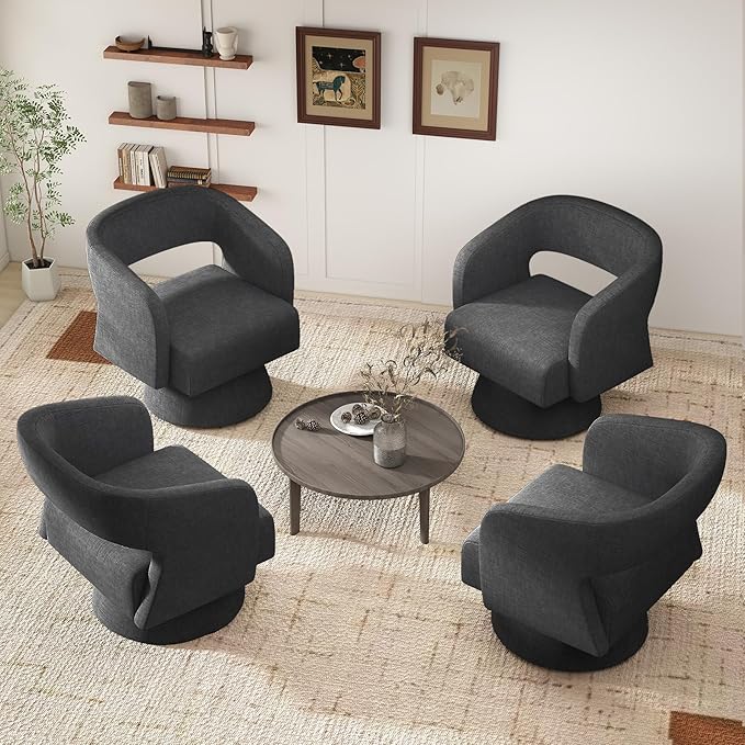 Swivel Accent Chair Set of 2, Modern Comfy Chenille Barrel Chairs, Oversized Upholstered Round Arm Chair for Living Room, Bedroom, Reading Room, Black