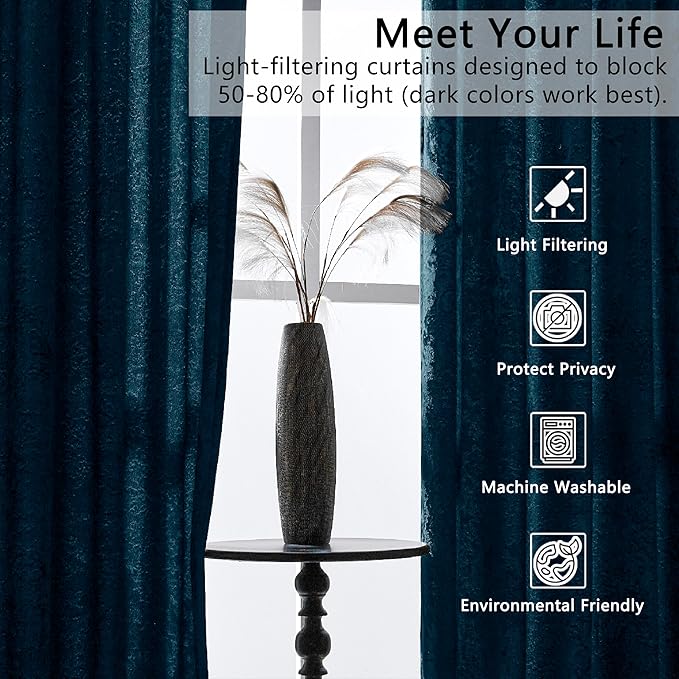 SMILETIME Tranquil Blue Crushed Velvet Curtains 52x96inch Rod Pocket Luxurious Thermal Insulated Soundproof Drapes Soft and Durable Light-Filtering Window Treatments for Living Room Bedroom, 2 Panels
