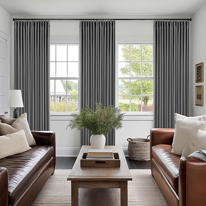 Dark Gray Linen Blackout Pleated 86 Inch Curtains for Living Room Darkening Pinch Pleat 100% Black Out Drapes Thermal Insulated Soundproof Charcoal Grey 86 Inch Curtain for Dining Bedroom