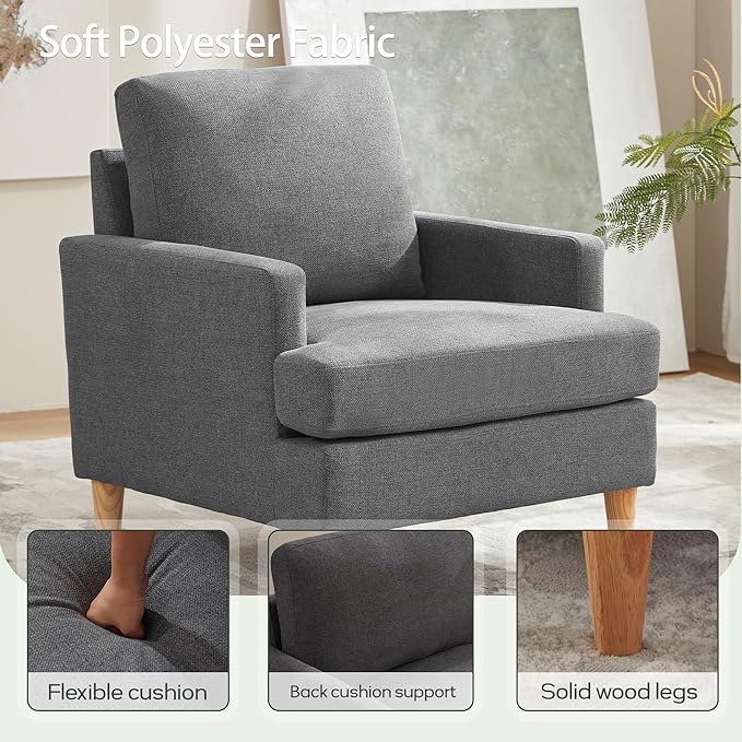VKNOW Mid-Century Accent Chairs Set of 2, No Tools Assembly Required, Modern Upholstered Polyester Armchairs for Living Room & Bedroom, Comfortable Reading Chairs with Wood Legs, Dark Grey