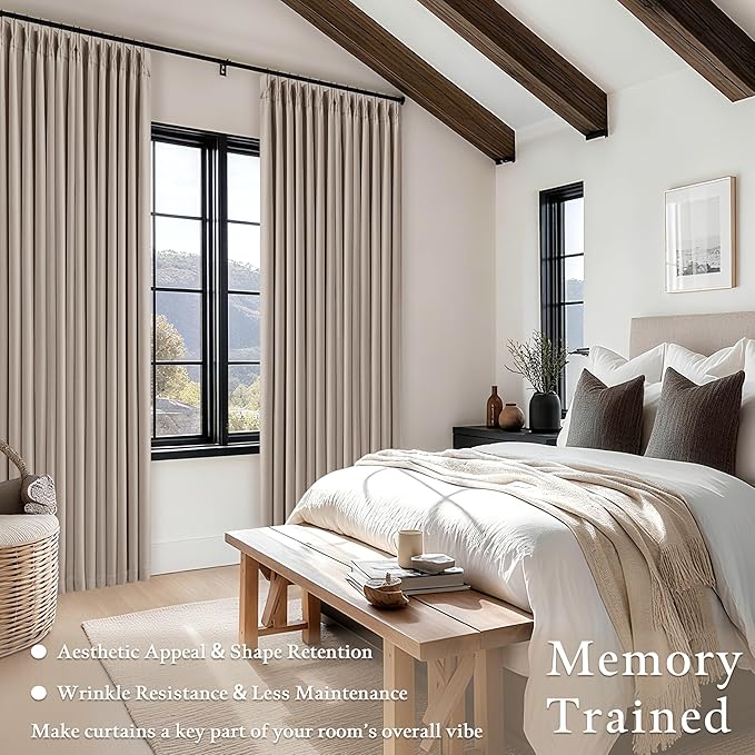 108 Inch Pinch Pleat Drapes Greyish Beige Room Darkening Curtains 108 Inches Long for Bedroom Neutral Farmhouse 100% Blackout Thick Linen Double Layer Pleated Curtain 2 Panels Set Burlywood Birch