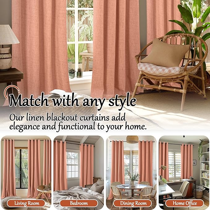 Terracotta 100% Linen Blackout Curtains for Living Room 63 Inch Long 2 Panels, Thermal Insulated Noise Reducing Window Total Black Out Fall Curtains for Bedroom, Each 52x63 Inch 2 Panels