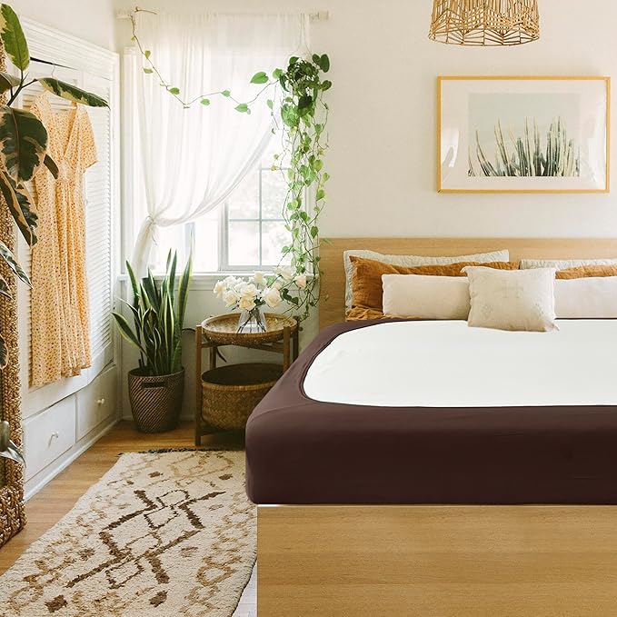 Biscaynebay Decorative Box Spring Cover Queen Size, Brown Jersey Luxurious Jersey Knitting Stretchy Wrap Around 4 Sides Bed Skirt for Home/Hotels, Easy Fit Wrinkle & Fade Free Machine Washable