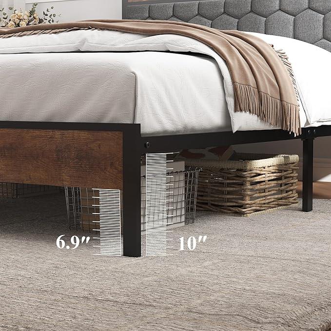 Full Size Bed Frame with Storage Headboard & Charging Station, Platform Bedframe with LED Lights, Upholstered Headboard, Metal Slat Support, No Box Spring Needed