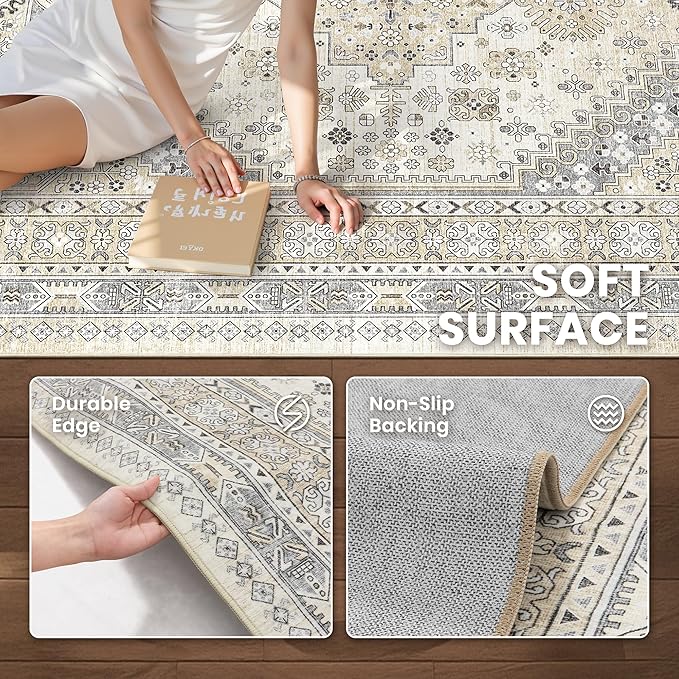 zesthome 8ft Round Rugs for Living Room, Non-Slip Washable Round Area Rugs, Ultra-Thin Large Circle Rugs, Soft Low Pile Rug for Bedroom, Kitchen - Vintage Stain Resistant Round Rug (Beige,8'x8')