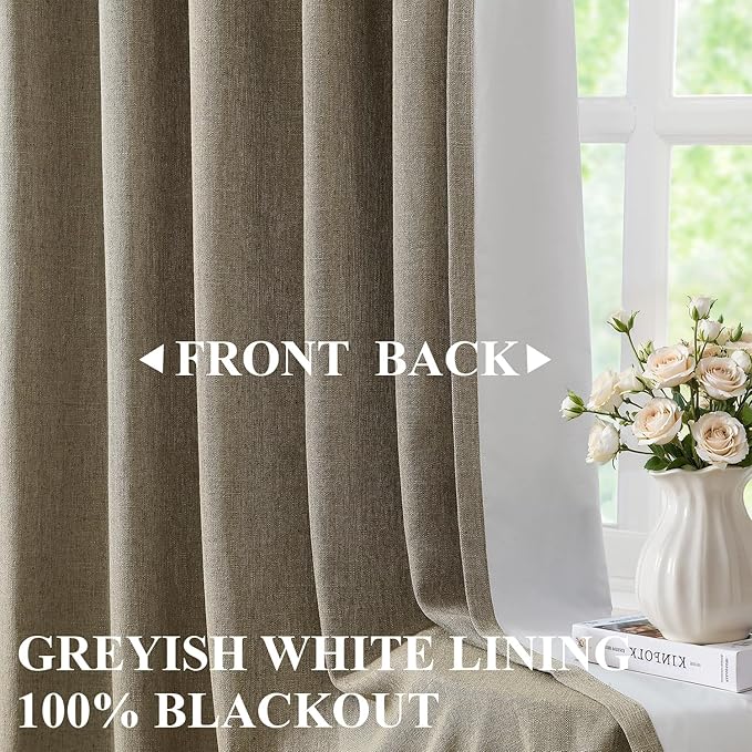 Vision Home Brown Linen Full Blackout Curtains 90 inch Long for Bedroom Living Room Darkening Soundproof Window Panels Thermal Insulated Rod Pocket Back Tab Neutral Drapes 56" Wx90 Lx2