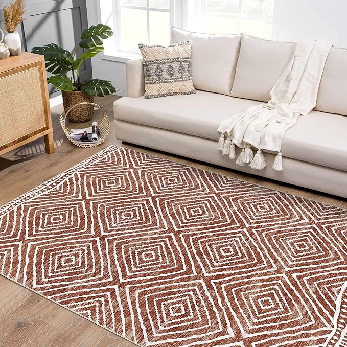 4x6 Rug, Small Area Rug for Living Room, Bedroom, Kitchen, Machine Washable Non-Slip Throw Rug, Low Pile Carpet Western Rug for Entryway Nursery Coffee Table, Brown Red