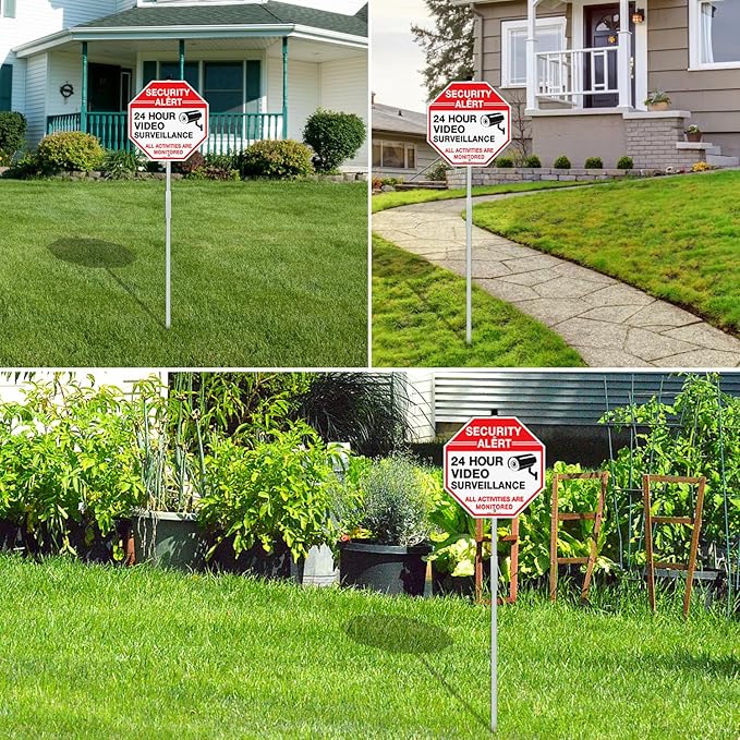 Faittoo Security Sign Video Surveillance Sign with 36" Stake for Outside, 2-Pack 12"x12" Rust Free Heavy Aluminum, Reflective, Fade Resistant, 2 pre-drilled holes, Includes Matching Screws & Wrench,