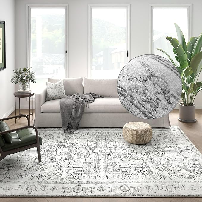 jinchan Lima 8x10 Area Rug for Living Room Washable Soft Throw Rug Ultra-Thin Stain Resistant Non-Slip Distressed Vintage Floral Large Carpet for Bedroom Dining Room Home Office Nursery (8x10ft, Grey)