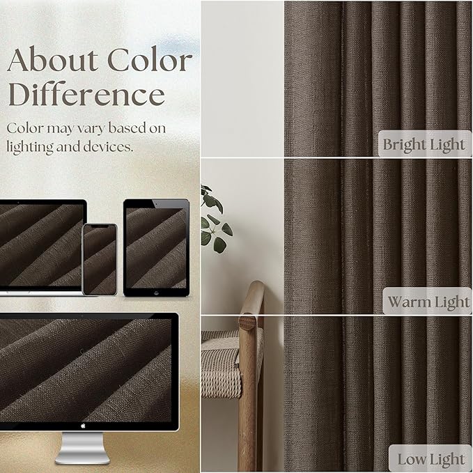Dark Chocolate Pinch Pleated Linen Curtains 2 Panels for Living Room Bedroom Memory Training Shaped Semi Sheer Pleat Drapes with Hooks Rings Light Filtering Window Curtain 40x45