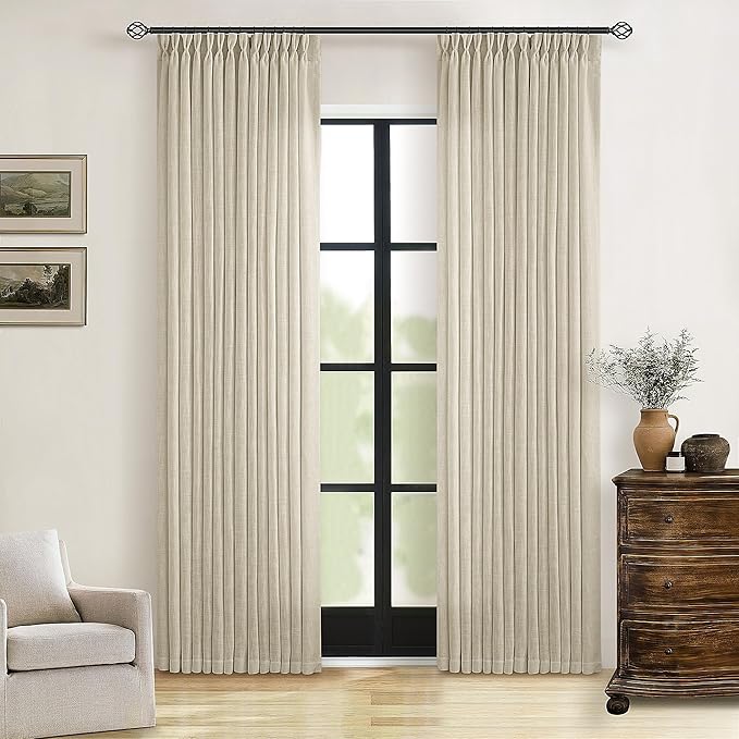 108 Inch Linen Curtains 2 Panels Set Pinch Pleated for Living Room Bedroom Memory Training Shaped Semi Sheer Neutral Beige Tan Flax Burlap Pleat Drapes Hooks Rings Light Filtering Window Curtain