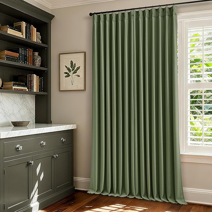 Loden 105 Inch Long Blackout Curtains Olive Green Thick Linen Pinch Pleated Curtains 2 Panels for Bedroom Living Room Darkening Light Blocking Pinch Pleat Back Tab 105 Inch Window Drapes Olive Green