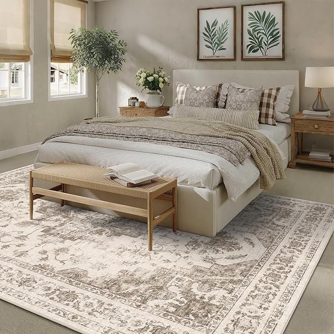 9x12 Vintage Washable Area Rugs Boho Medallion Large Distressed Retro Accent Carpet Floral Non-Slip Soft Low Pile Indoor Throw Rug for Living Room Bedroom Dining Room Office Kitchen, Taupe