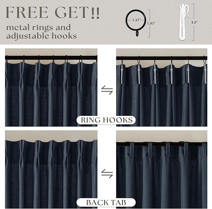 Pinch Pleated Navy Linen Curtains 84 Inches Long 2 Panels Set for Living Room Dining Pinch Pleat Back Tab Light Filtering Farmhouse Boho Retro Window Curtain Drapes 84 Inch Length Dark Blue Indigo