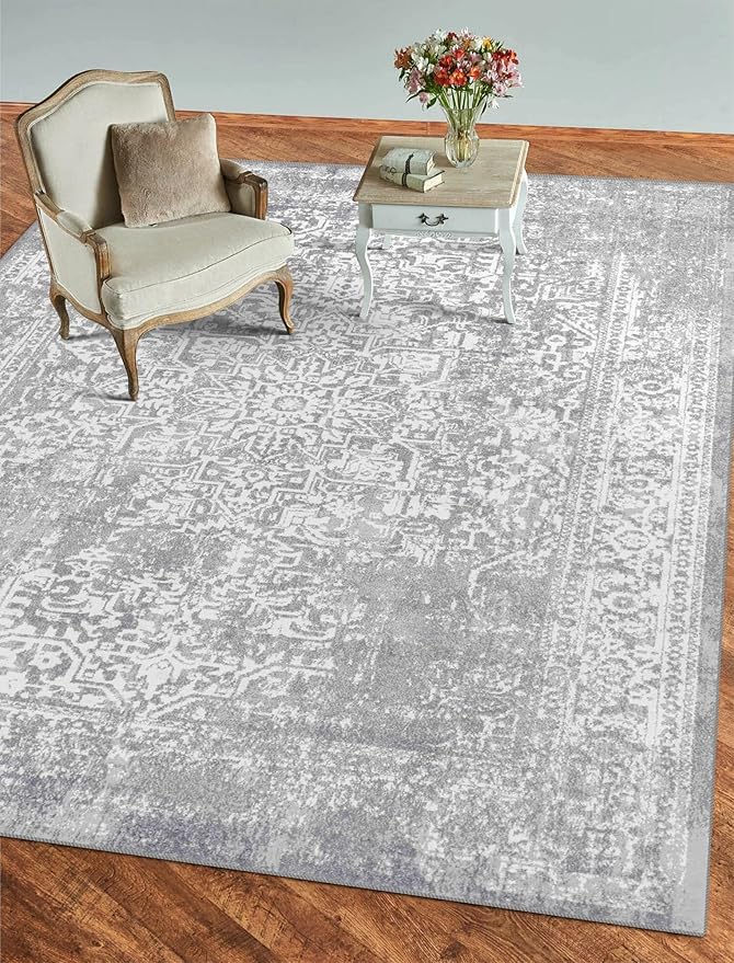 vivorug 8x10 Neutral Area Rugs, Stain Resistant Washable Rug for Living Room, Vintage-Inspired (Ivory/Silver, 8'x10')