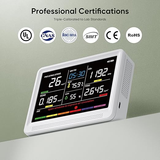 bonoch 16 in 1 Air Quality Monitor Indoor 10h-Battery & 5.5" Display 9 AQI+7 AQI Alerts, CO2 Monitor, Air Quality Tester for CO2, TVOC PM2.5 PM1.0 PM10 HCHO Temperature Humidity AQI & Time Air Meter