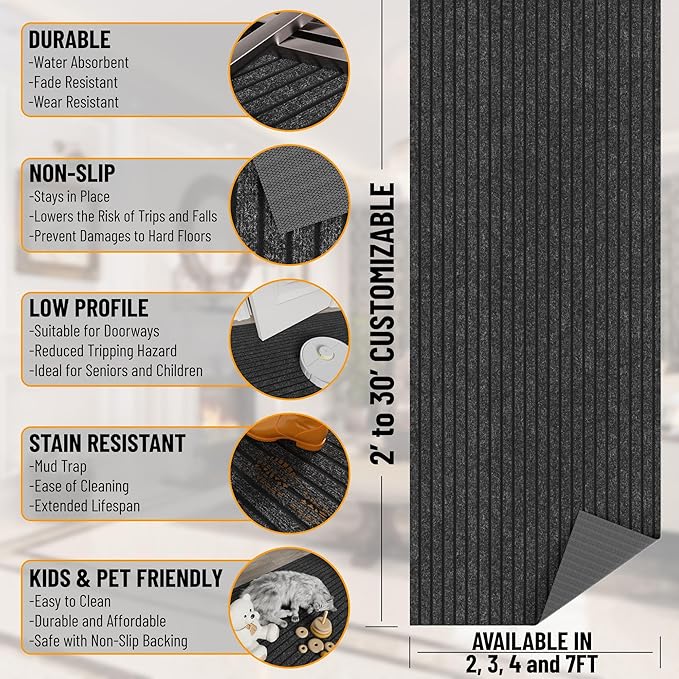 Ottomanson Mud Mat 2' x 4' Entryway Rug - Non-Slip Scraper Doormat for Muddy Paws, Dirt Trapping Indoor/Outdoor Mat for High-Traffic Areas, Kitchen, Garage, Patio, Black