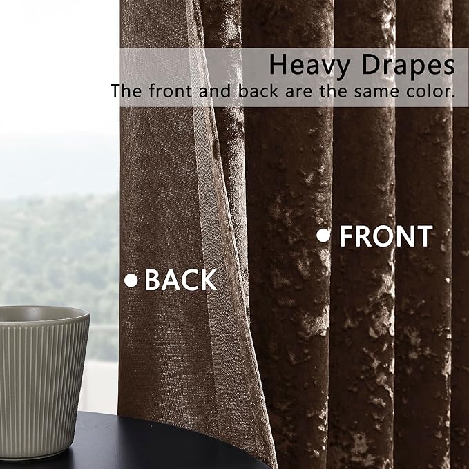 SMILETIME Chocolate Crushed Velvet Curtains 52x96inch Rod Pocket Luxurious Thermal Insulated Soundproof Drapes Soft and Durable Light-Filtering Window Treatments for Living Room Bedroom, 2 Panels
