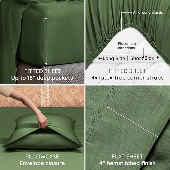 Bambaw 100% Viscose Derived from Bamboo Queen Sheet Set 6 Piece, Queen Size Cooling Sheets for Hot Sleepers, Super Soft Sheets, Deep Pockets Fits Up to 16'' Mattresses (Olive)