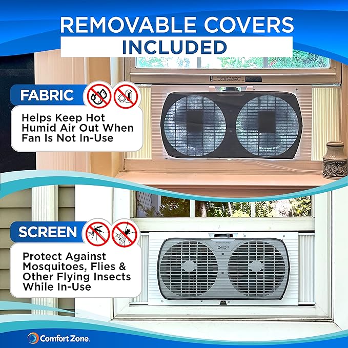 Comfort Zone Twin Window Fan with Reversible Airflow Control, 9 inch, Auto-Locking Expanders, 2 Speed Fan, Dual Fan, Exhaust, Airflow 9.84 ft/sec, Ideal for Home, Kitchen, Bedroom & Office, CZ319WT