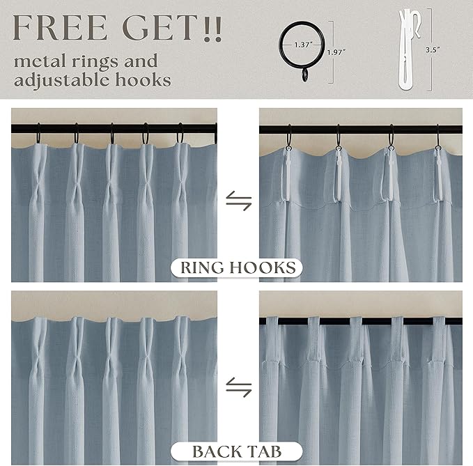 Blue Grey 90 Inch Linen Curtains Pinch Pleated for Living Room Bedroom Dining Boho Coastal Light Filtering Pinch Pleat Drapes Hooks Rings Back Tab Semi Sheer Dusty Blue Window Curtains 2 Panels