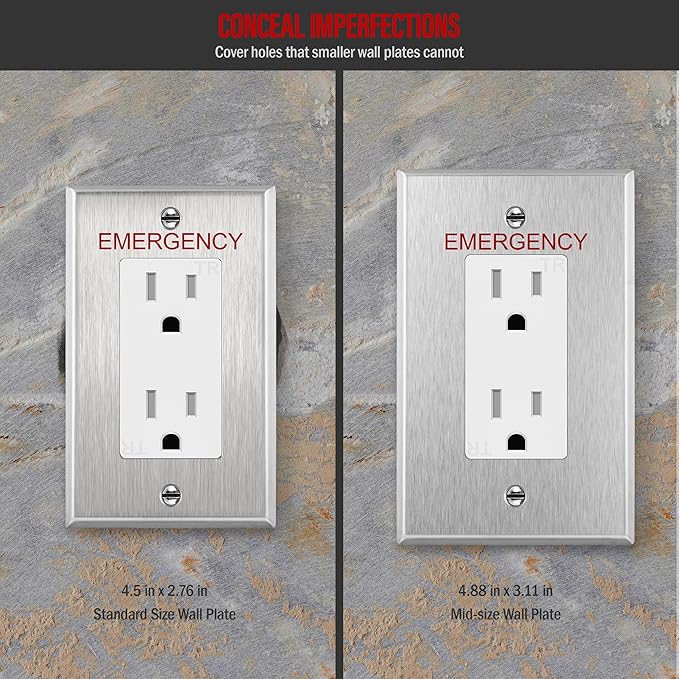 ENERLITES Decorator Switch or Outlet Metal Wall Plate with Emergency Label, 430 Stainless Steel, Corrosion Resistant, Mid-Size 1-Gang 4.88" x 3.11", UL Listed, 7731M-E, Silver