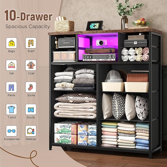 Dresser for Bedroom with 10 Drawers Featuring LED Light and Power Outlet, Fabric Dressers & Chest of Drawers with Open Shelves for Hallway, Living Room, Steel Frame,Wood Top, Rustic Brown