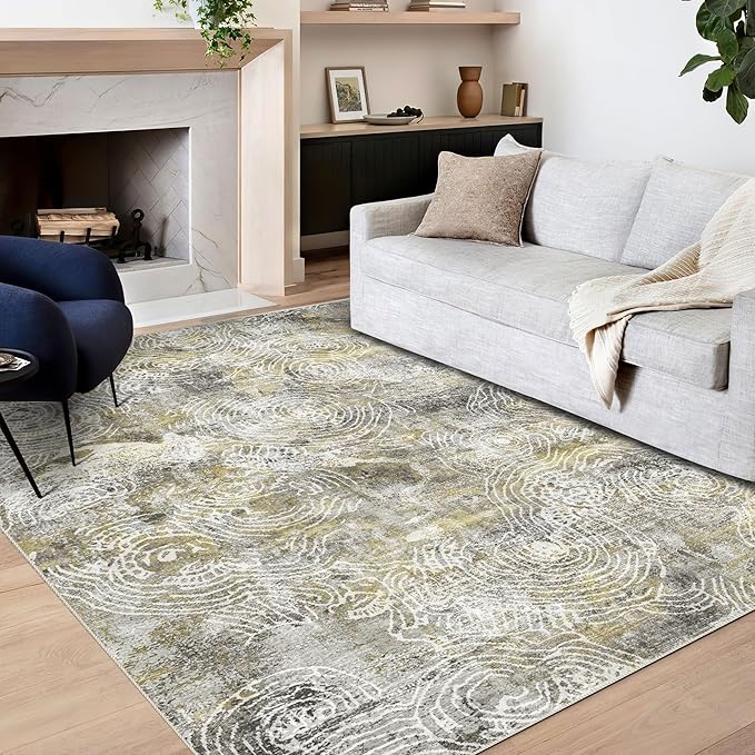 5x7 Area Rugs - Ultra-Thin Washable Rug with Non-Slip Backing, Ideal for Living Room, Bedroom, Kitchen Floor Carpet - Modern Abstract Style, Easy Clean, Durable, Mustard