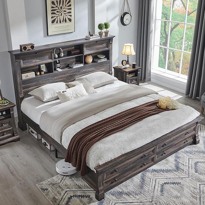 Farmhouse Queen Size Bed Frame with 54" Tall Headboard, Headboard with 4 Storage Rack, 2 Drawers, 18" Roman Column Decoration Footboard, Wood Platform Bed Frame, No Box Spring Needed(Dark Rustic Oak)
