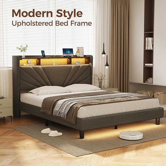 Rolanstar Full Size Bed Frame, Storage Headboard with Charging Station and LED Lights, Upholstered Bed with Heavy Duty Wood Slats, No Box Spring Needed, Noise Free, Easy Assembly, Dark Grey