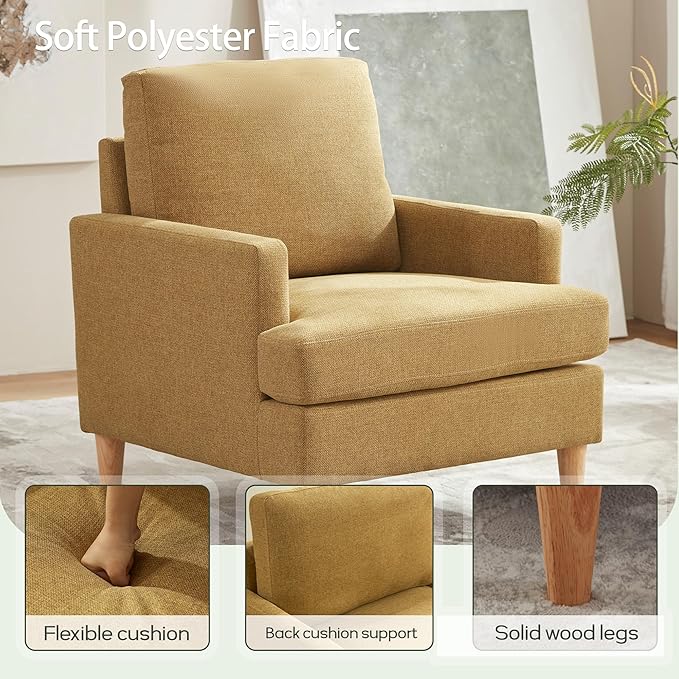 VKNOW Mid-Century Accent Chair, No Tools Assembly Required, Modern Upholstered Polyester Armchair for Living Room,Comfy Reading Accent Chairs with Wood Legs for Bedroom, Yellow