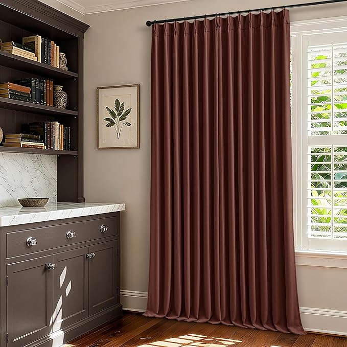 Red Brown 80 Inch Pinch Pleated Black Out Curtains 2 Panel Set for Living Room Pinch Pleat Linen Drapes with Liner 80 Inches Long 100% Blackout Light Blocking Energy Saving Curtain for Dining Bedroom