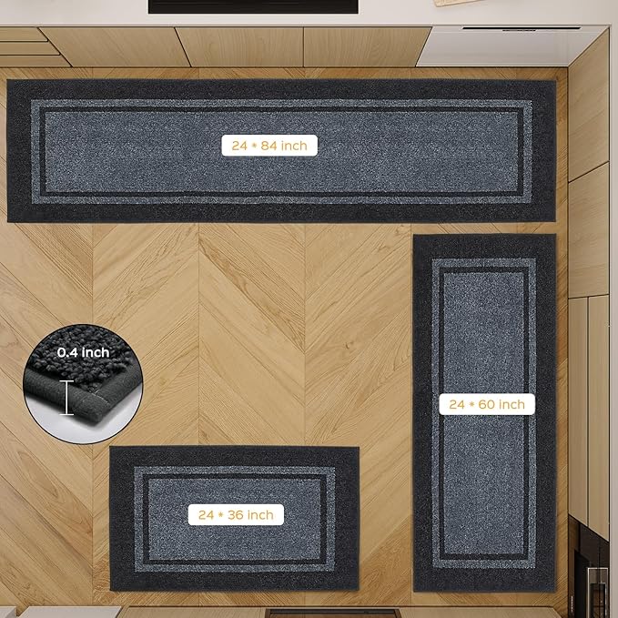 Kitchen Rugs Set (24" x 36"+24" x 60"), Non-Slip Machine Washable Kitchen Runner Rugs Floor Mats, Absorbent Comfort Standing Mat for Kitchen, Sink and Hallway, Rolled Packaging, Bluish Grey & Charcoal