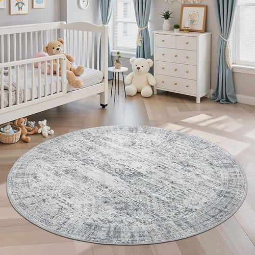 5x5 Grey Round Rug 5ft Living Room Circle Rug Vintage Gray Round Area Rug Non Slip Indoor Carpet for Entryway Dining Room Bedroom